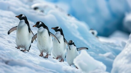 A group of penguins waddling along a snowy Antarctic landscape, the crisp white of the snow contrasting with the deep blues of the distant icebergs, a lively and charming portrayal of life in extreme 