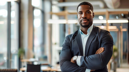 Fototapeta premium Confident businessman standing with crossed arms in a modern office environment