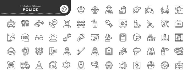 Set of line icons in linear style. Series - Police. Public order, police department, service, policeman, security and law. Outline icon collection. Conceptual pictogram	