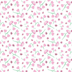 Seamless pattern with pink flowers and ladybugs vector illustration