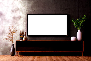 Fototapeta na wymiar Empty big large flat TV screen mock-up with text space in living room interior wall, front view. Presentation board, screen display for creative design. Advertising mockup concept. Copy ad text space