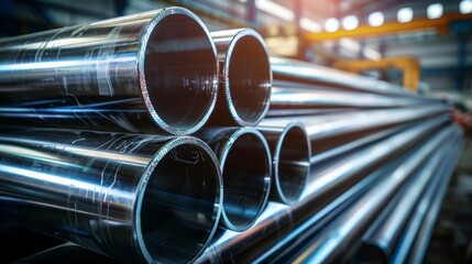 A stack of steel pipes in a warehouse or factory with a blurry background.	
