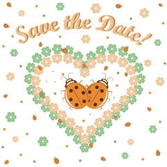 Save the date spring event with ladybugs and a floral heart frame vector illustration