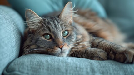   A photo of a feline lounging on a sofa with its head positioned atop an armrest of a cushion