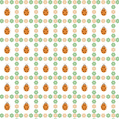 Seamless pattern with orange ladybugs and green flowers squares
