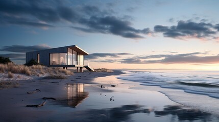 A photo of a Beach House Reflecting Tranquility - obrazy, fototapety, plakaty