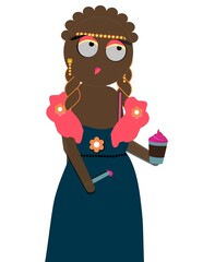 A cartoon woman in a blue dress holding a cup of ice cream
