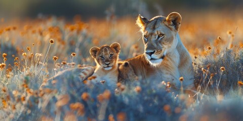 Two Lions Resting on Grass Field