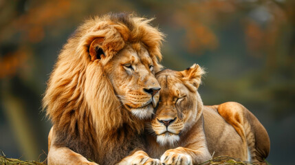 Affectionate lion couple resting their heads together in an intimate pose