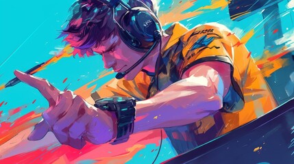 A professional eSports gamer, focused and immersed in intense competition, captured in vibrant watercolor - obrazy, fototapety, plakaty