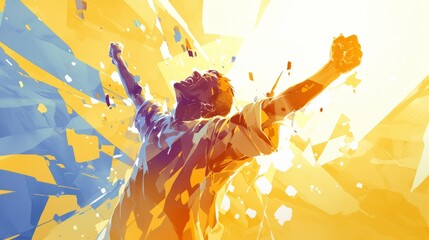An eSports gamer exults in victory, arms raised, emotion and triumph captured in watercolor splendor - obrazy, fototapety, plakaty