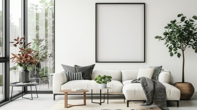 mock poster frame with modern interior background , living room , Scandinavian style , 3D render.