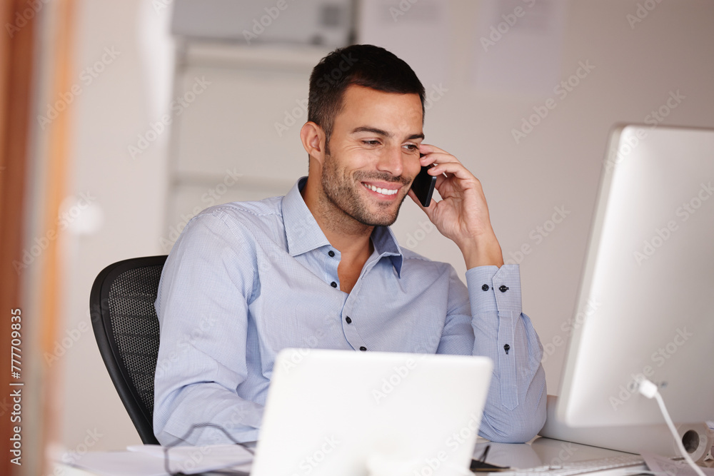 Poster man, computer and phone call in office for networking, schedule and business deal negotiation. male 