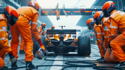 Pit crew in orange uniforms servicing a racing car during a pit stop