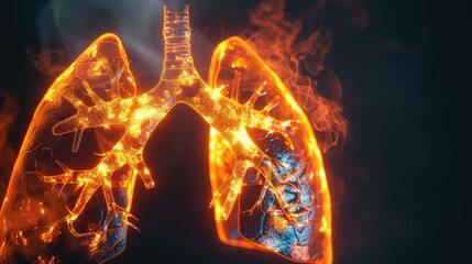 Digital art of human lungs glowing with a fiery light, symbolizing health or disease