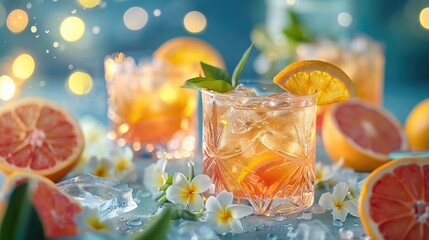 Cold citrus cocktail with ice surrounded by flowers