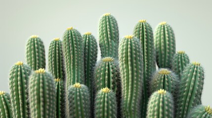   Close-up of cactus with numerous small green cacti in foreground on white wall background