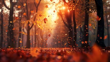 Animated 3D Autumn Forest with falling leaves. - obrazy, fototapety, plakaty