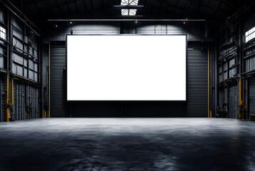Big large screen on dark factory interior or empty warehouse, clear screen backdrop, front view. Presentation board, screen display for creative design. Advertising mockup concept. Copy ad text space