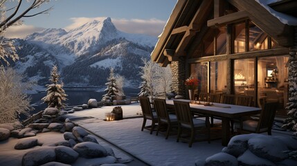 Cozy mountain chalet with snow-covered balcony overlooking a scenic alpine valley - obrazy, fototapety, plakaty