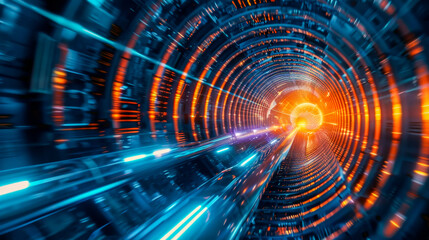 A tunnel of digital data with a glowing end, representing high-speed data transfer or futuristic travel