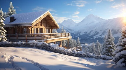 Cozy mountain chalet with snow-covered trees at sunset, offering a picturesque winter landscape. - obrazy, fototapety, plakaty