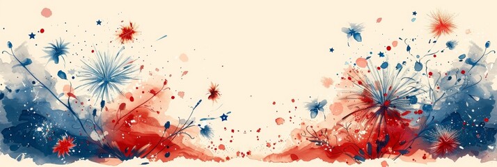 4th of July, Independence Day banner, Watercolors Flowers, AI Generated, copy space - obrazy, fototapety, plakaty