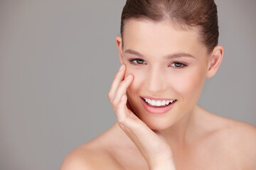 Skincare, makeup and portrait of woman in studio for dermatology, wellness or facial treatment with...