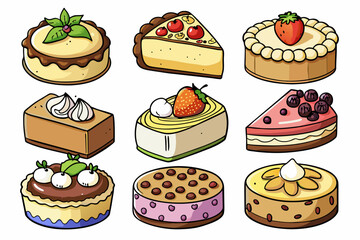 Different hand drawn cartoon Cheesecake. white background
