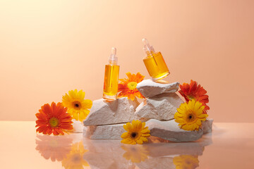Pedestal product display creative concept with gerbera flowers