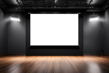 Large projection screen on stage, presentation board, blank whiteboard for conference. Screen display for creative design, free space for advertisement. Advertising mockup concept. Copy ad text space