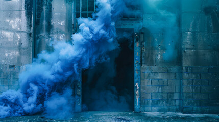 Dense blue smoke emerging from an open industrial doorway creating a mysterious atmosphere
