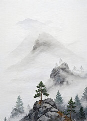 Mountain landscape and pine forest in the fog. Light watercolor. Generated AI