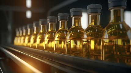 industrial vegetable oil production and bottles filled with sunflower oil - obrazy, fototapety, plakaty