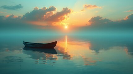   A small boat adrift on a vast expanse of water beneath a gloomy sky and the distant sun