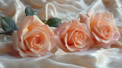 The pink roses are displayed on a white silk background