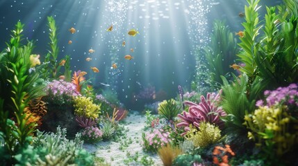 Fototapeta na wymiar Animated 3D Underwater Scene with moving sea life and plants.