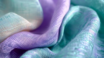 Close-up detail of a split fabric design, one half in a soft, smooth pastel lavender satin, and the other half in a textured pastel mint green tweed, showcasing the contrast in fabric types. - obrazy, fototapety, plakaty