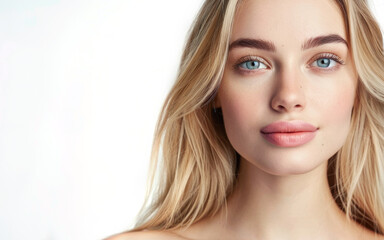 Obraz premium Blonde woman with blue eyes and pinkish tint to her lips. She has very pretty face and is smiling