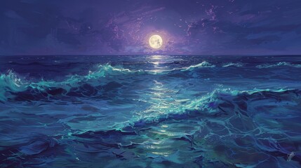 Concept art of a split sea under the moonlight, one half of the water smooth and glowing in pastel lavender, the other half textured with pastel mint green waves. - obrazy, fototapety, plakaty