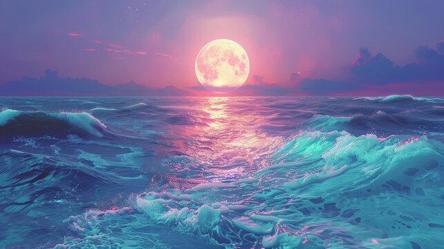Concept art of a split sea under the moonlight, one half of the water smooth and glowing in pastel lavender, the other half textured with pastel mint green waves.