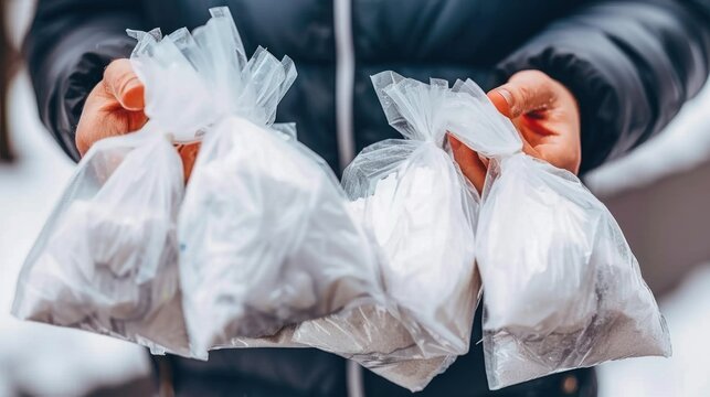 A teenager holds bags of white powder in his hands. The concept of fighting drug couriers