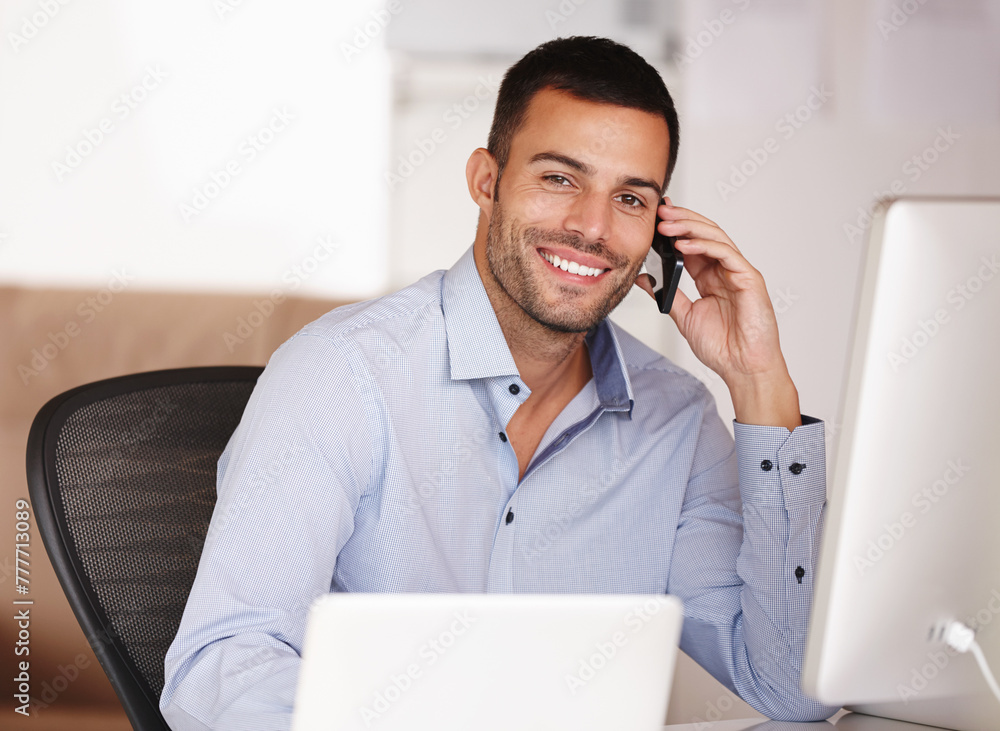 Poster man, portrait and phone call in office for networking, computer and business deal negotiation. male 