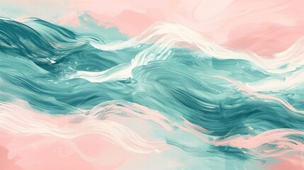 pattern with light pastel teal dashes forming loose waves across a pale pink canvas, for a calming, oceanic vibe. - obrazy, fototapety, plakaty