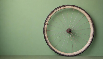 a vintage bycicle wheel on a light green background