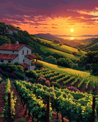Sunset over vineyard landscape, golden hour, wine production, picturesque agriculture, wallpaper, nature background 