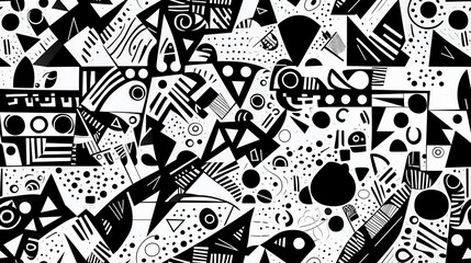 black and white geometric pattern, repetitive tile background, naive and ethnic art inspiration.