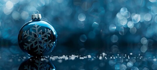 Dark blue background with a reflective surface and white snowflake decoration Generative AI