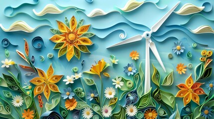 Obraz na płótnie Canvas quilling art representation of a wind turbine in a field of wildflowers, using recycled papers to symbolize renewable energy and its harmony with nature.