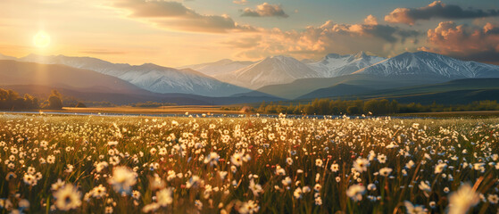 Landscape of beautiful summer blooming field in the valley with the river and snow mountains background at sunset